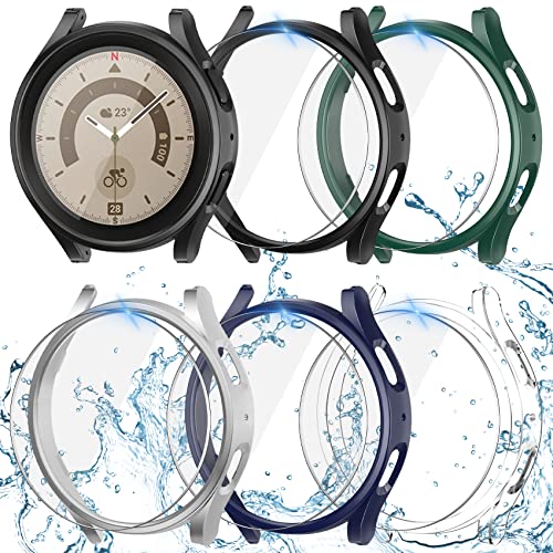 Jvchengxi [5+5Piezas] Funda Protectora Mate 45mm para Samsung Galaxy Watch 5 Pro, PC Funda Protector + HD Antiarañazos Protector Pantalla de Cristal Templado (Negro+Plata+AzulMedianoche+Verde+Claro) Cover