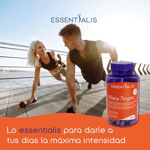 Essentialis Maca Negra 4000 mg · Maca Andina en Extracto 20:1 · Tribulus, Ginseng, Arginina, Zinc, Vitaminas B6 y B12 · Energía y Vitalidad · 120 Cápsulas Veganas · 4 Meses