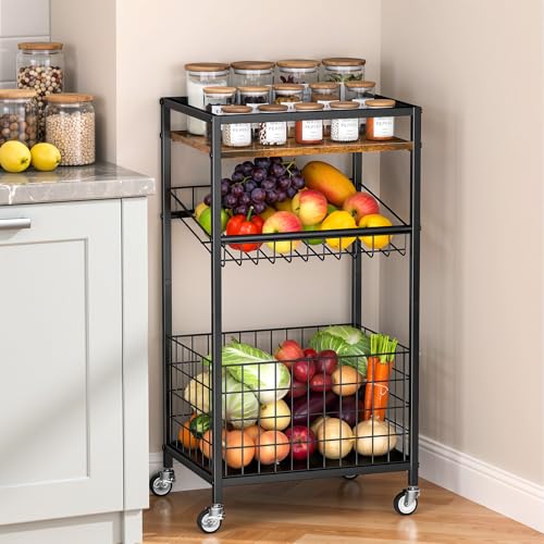 Kssiaz Fruit Vegetable Cart 3-Tier Snack Cart on Wheels & Wood Top Brown