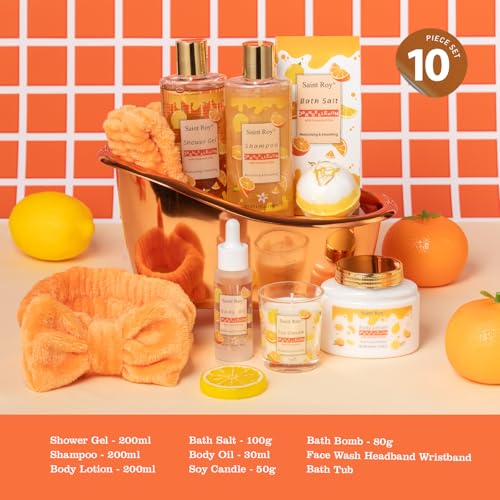 Image of Orange Scents spa gift set Great Gift Lemon Spa Gifts for girls, Body care Set Birthday Gifts, Gift Baskets for Woman, 11pcs Bath Gift Set for Women, Christmas Gifts for Women Citrus Spa Gift Basket