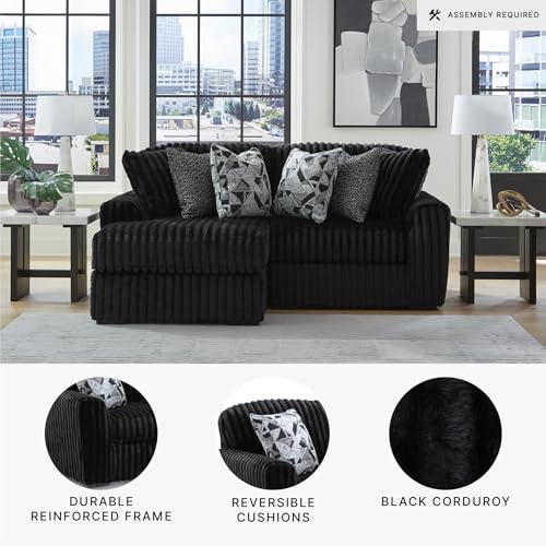 Image of Signature Design by Ashley 2-Piece Sectional Sofa with Chaise, Black | 100% polyester jumbo corduroy, Engineered wood frame, Platform foundation system, Living room use, Midnight-Madness Series