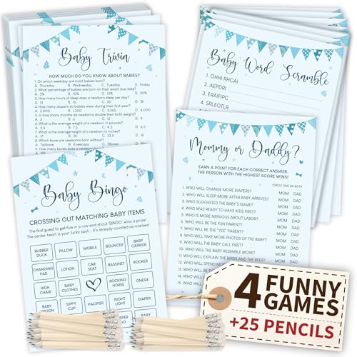 WOODAMORE Hilarious Baby Shower Games Boy - 4 Funny Baby Games for Baby Shower Boy Decorations, Blue Trivia Card Word Scramble Mommy Or Daddy Game for 25 Guests