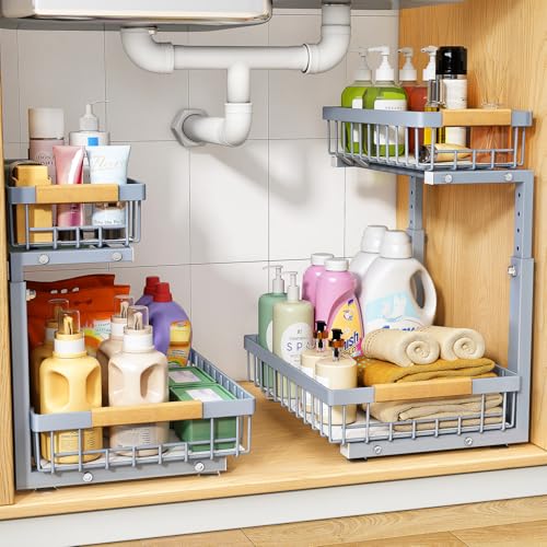 Image of PXRACK Under Sink Organizer, Adjustable Height, 2 Tier Pull Out Under Cabinet Organizer, Slide Out Thickened Metal Under Sink Storage for Kitchen Bathroom Laundry Pantry Cabinet, Grey, Large-2-Pack
