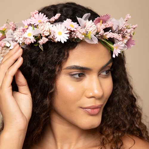 Image of Radhu & Kabby Soft Pink Floral Hair Tiara for Women | Delicate Artificial Flowers with Organza Ribbon | Dreamy Crown for Weddings, Baby Showers, Photoshoots & All Occasions | 1 Pc