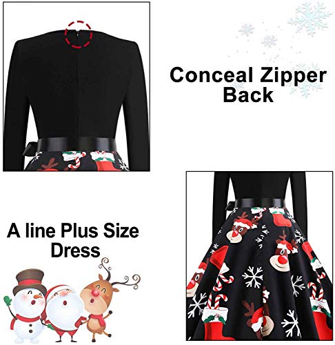 Christmas Dress Women Long Sleeve Xmas EIK Tree Printed Dress A-line Vintage Cocktail Holiday Party Dress Black