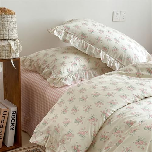 Image of MKXI King Size Floral Duvet Cover Set - 100% Cotton Ruffled Bedding with Pink Blossom Pattern, Sweet Cottagecore Aesthetic Comforter Cover for Teen Girls & Women
