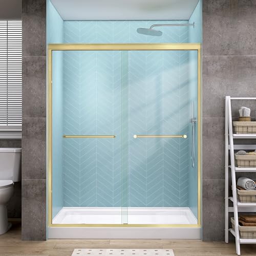 GETPRO Shower Door Double Sliding 56-60 in. W x 72 in. H Semi-Frameless Bypasss Bathroom Glass Shower Sliding Doors 1/4 inch Clear Tempered Glass Door for Walk-in Shower Brushed Gold
