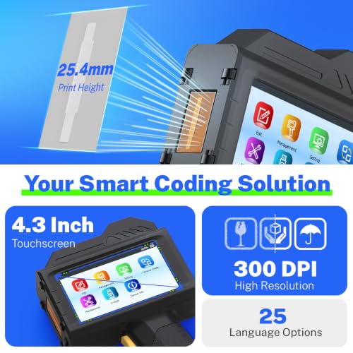 Image of 1.0 Inch Print Height Intelligent Handheld Inkjet Printer Lasts 16H Weighs Only 400g for Batch Code Date Lot Number Print on Plastic Carton Wood Metal Glass Aluminum with 42ml Fast Dry Ink (Black)