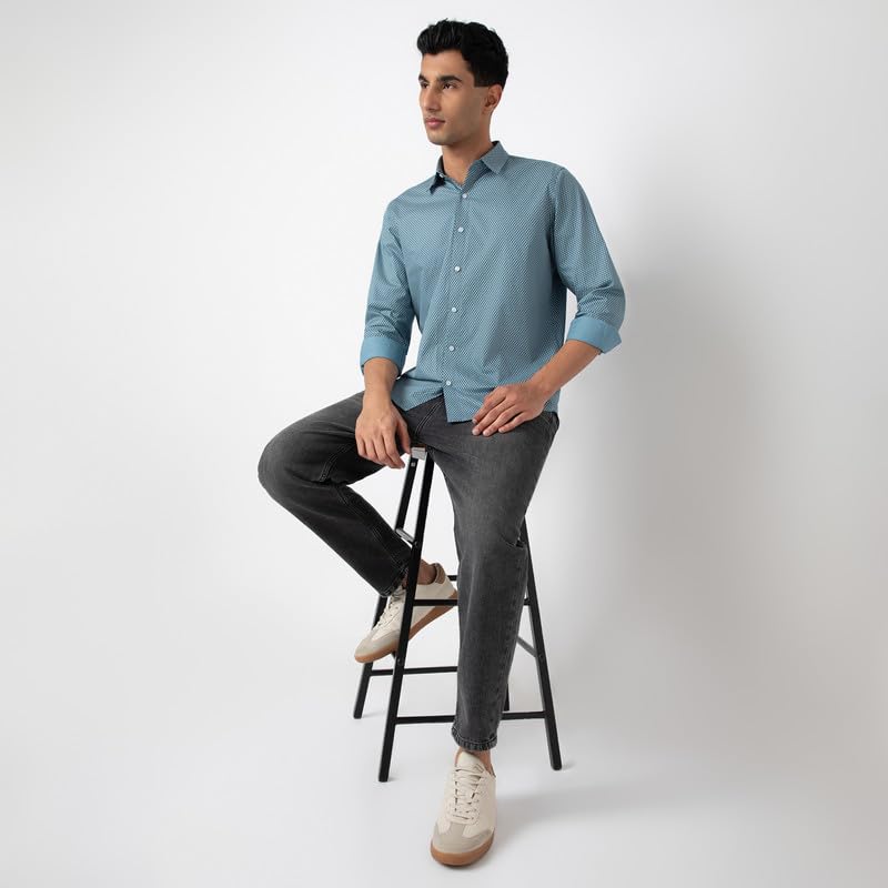 Image of MARK & ALBERT Men's Printed Full Sleeves Regular Fit Shirt Blue | 100% Cotton Stretchable Fabric