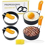 4 Stück Eierringe zum Braten von Eiern,Edelstahl Runde Eierkocher Ringe Ei Pfannkuchen Maker Form mit Anti-Verbrühung Griff und Öl Pinsel,Antihaft-Eierkocher Ring für Frühstück,Muffin,Pfannkuchen