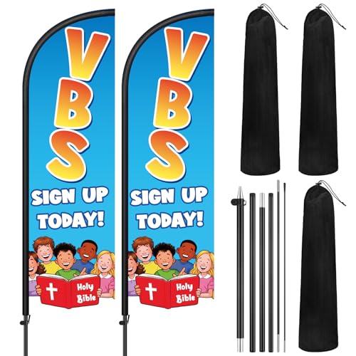 Image of Remagr 2 Pack Vbs Church Feather Flag 7 ft Advertising Swooper Flag Sign Windless Vacation Bible School Feather Banner with Pole Kit and Ground Stake for Businesses Outside Ground