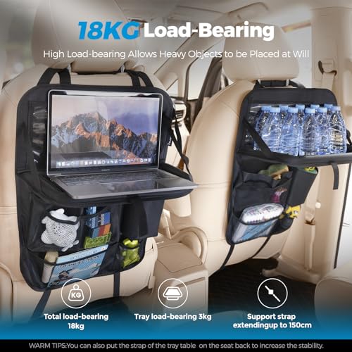 Tsumbay Car Backseat Organizer with Tablet Holder,9 Storage Pockets Foldable Table Tray Seat Back Protectors Kick Mats Travel Accessories-Oxford 2Pack