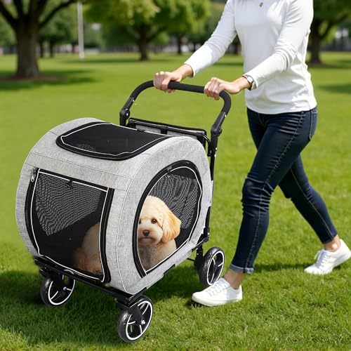 Image of Saudism Pet Stroller for Dogs Cats up to 50 lbs, Foldable Dog Stroller with 360 Swivel Wheels, Detachable Carrier, Adjustable Handle, Travel Dog Stroller for Small Medium Large Pets, Gray