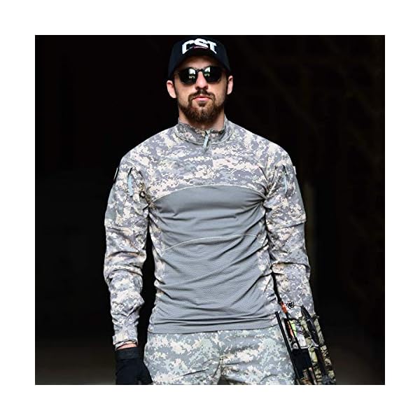 Herren Taktisch Kampfshirt Hemd Outdoor Tarnung T-Shirt Baumwollhemd für Airsoft Militär Military mit Tasche – Bild 4