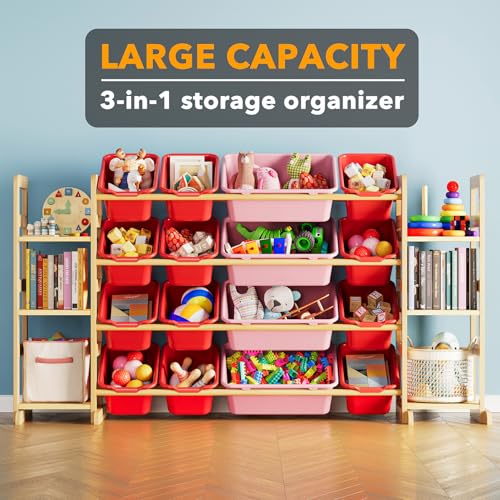 Image of SpaceAid Toy Storage Organizer with 6 Shelves and 16 Bins, Toy Organizers Storage Bookshelf, Kids Bin Shelf Toys Box Bookcase for Bedroom Playroom Organization Room Decor, Red and Pink