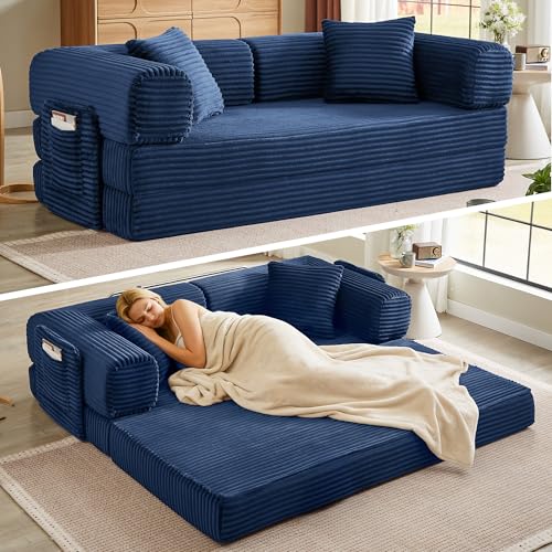 Image of Boneless Couch Futon Sofa Bed Sectional Couches for Living Room,Cloud Couch with Sleeper Sofa,Sofas for Living Room Oversized Corduroy Upholstered (Blue, 81 Inches (with Iron Frame))