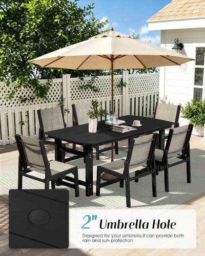 Image of Ciokea HDPE Outdoor Dining Set, Patio Table and 6 Stackable Chairs, Black | All-Weather Furniture Set with 2 inch Umbrella Hole and Armless Chair. Breathable Teslin Fabric Suitable for Outdoor Leisure.