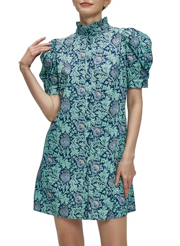 Ladyful Women's Summer Floral Dress Short Sleeve Button Down Shirt Mini Dress Ruffle Mock Neck Shift Sundress