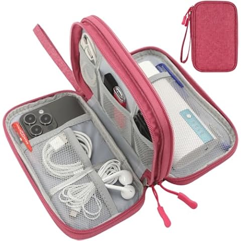 CAAORDKSO Small Cable Organizer Bag, Charger Organizer Case Pouch Travel Bag, Waterproof Electronics Accessories Case for USB, Cable, Cord, Charger, Phone, Power Bank, Earphone (Rose Red, Medium) Cover