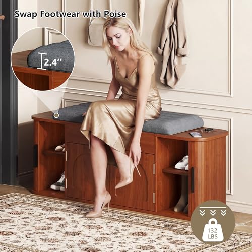 Image of Einhomn 47.2'' Sliding Door Entryway Shoe Storage Bench with Seat Cushion, Shoe Rack with Lift-Top Hidden Storage & Adjustable Shelf, Bench for Bedroom End of Bed, Walnut