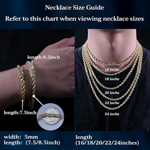 14k Gold Plated Rope Chain with Artificial Simulated Diamond Clasp 5mm Stainless Steel Twist Chain Necklace Bracelet for Men Women 7.5-24 Inches4