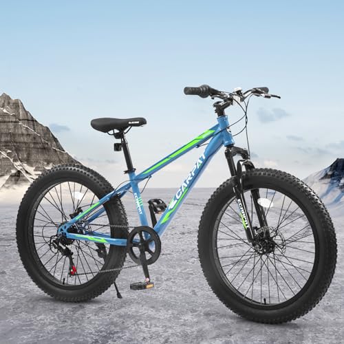 Beuiosda 24 Inch Fat Tire Mountain Bike, High Carbon Steel Frame, Front Suspension, 7 Speeds Commuter City Bicycle, Mountain Trail Bike, Multiple Colors, Blue+Green