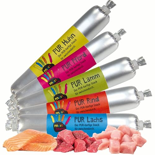 Schecker Hundewurst - Meatfingers PUR Mix - Schnittfest - Grob-Stückige Mini Fleischwurst ohne Gewürze für Hunde - 5 Sorten (Huhn Lamm Rind Lachs Pferd) - 5 x 70 g