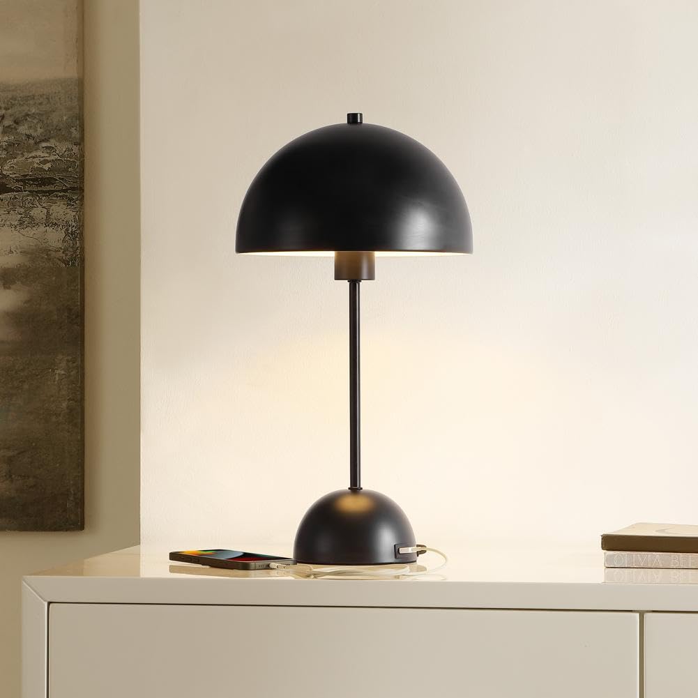 SAFAVIEH Lighting Collection Ixora Black Dome 18-inch Mushroom Table Lamp with USB Charging Port, Ideal for Living Room, Bedroom, Nightstand, Home