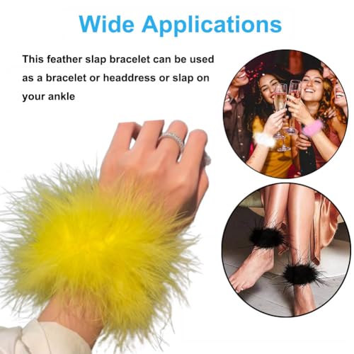 2Pcs Feather Wristbands, 9.65inch Soft Feather Wrist Slap Bracelet Cuffs, Snap Ring, Circle Slap Wrist Decoration Cuffs for Party Decoration4