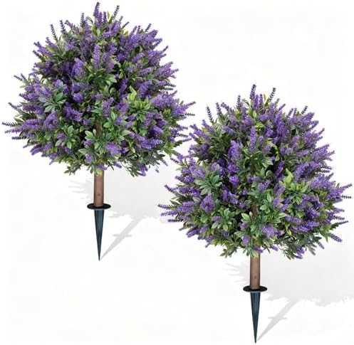 kamjove 24-inch Outdoor Front Porch Artificial Lavender Plants, Realistic Outdoor Anti-Ultraviolet Artificial shrubs, with 2 Ground Spikes, Suitable for porches, Gardens, Yards and balconies-2pack
