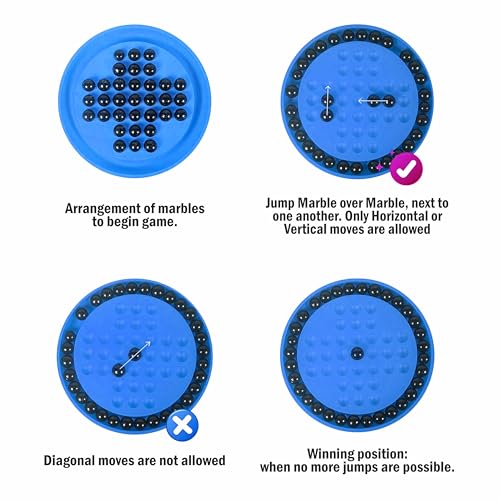 Image of Ankit Toys & Games Brainvita Marble Solitaire Peg Board Game for Kids & Adults 6+ Years Classic Brain Teaser Strategy Puzzle Educational Toy with Glass Marbles Family Travel Game (Blue)