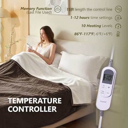 Heat Blanket 50”x60” Throw,Soft Flannel & Sherpa Reversible Electric Blanket with 10 Heat Settings,12 Timer Setting and 3 Hours Auto-Shut Off,ETL Certified Machine Washable,Dark Brown