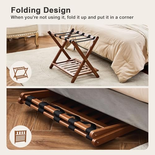 Fully Assembled Luggage Rack, Walnut Luggage Rack for Guest Room, Bamboo Folding Suitcase Stand with Storage Shelf, 5 Nylon Straps, Heavy Duty Luggage Holder for Bedroom Hotel, 1 Pack