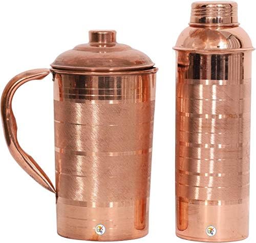 Impex Handmade Pure Copper Water Bottle with No Joint and Leak Proof Ayurveda Health Benefits (Copper Bottle with Jug)