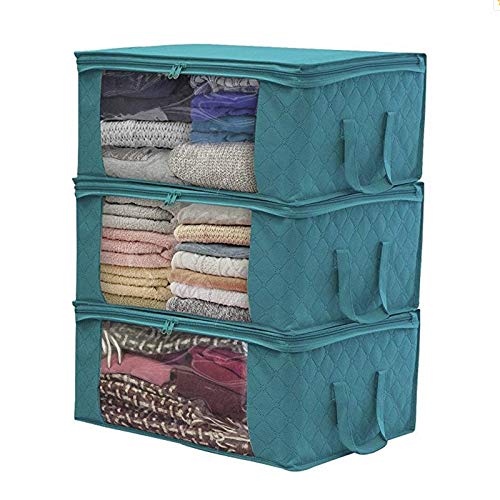 Bluelliant 3 x Cajas Almacenaje Azules Organizadora Ropa Organizador Armario Debajo Cama Tela Apilable Horizontal Interior Vacio Plegable