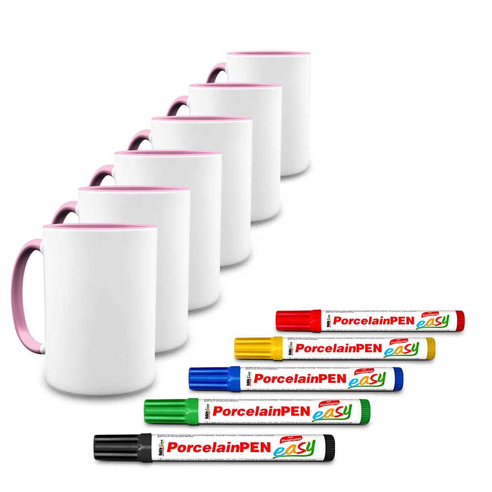 Bastel-Tassen ohne Druck zum Bemalen aus Hochwertiger Keramik Einzeln oder im Set/Mug/Cup/Becher/Pott Jumbo Tasse Innen & Henkel Rosa 6er Set mit Porzellanmalstifte