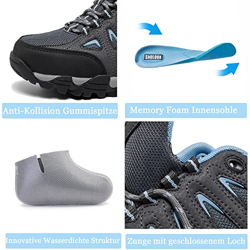SHULOOK Wanderschuhe Damen Wasserdicht Leicht Trekkingschuhe Damen rutschfeste Bergschuhe Outdoor Schuhe für Camping,Hiking,Angeln (Grau Blau EU 38.5)