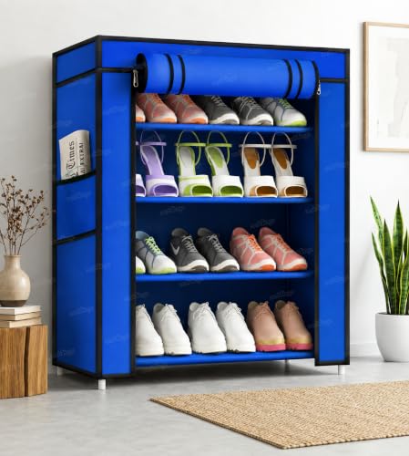Image of Zest 4 Toyz 4 Shelf Shoe Rack for Home with Zip Door Cover & Side Pockets Shoe Stand Multipurpose Storage Rack for Footwear Toys Clothes with Dustproof Cover (Blue)