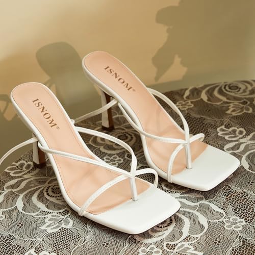 Image of ISNOM Lace Up Heels Sandals for Women - Square Open Toe, Stiletto High Heel