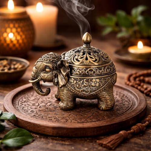 Image of Trunk Down Elephant Incense Cone & Loban Burner, Antique Bronze, Handmade Luxury, Decorative Figurine, Gift Box Pack, Traditional Dhoop Batti Dhuni, Holder