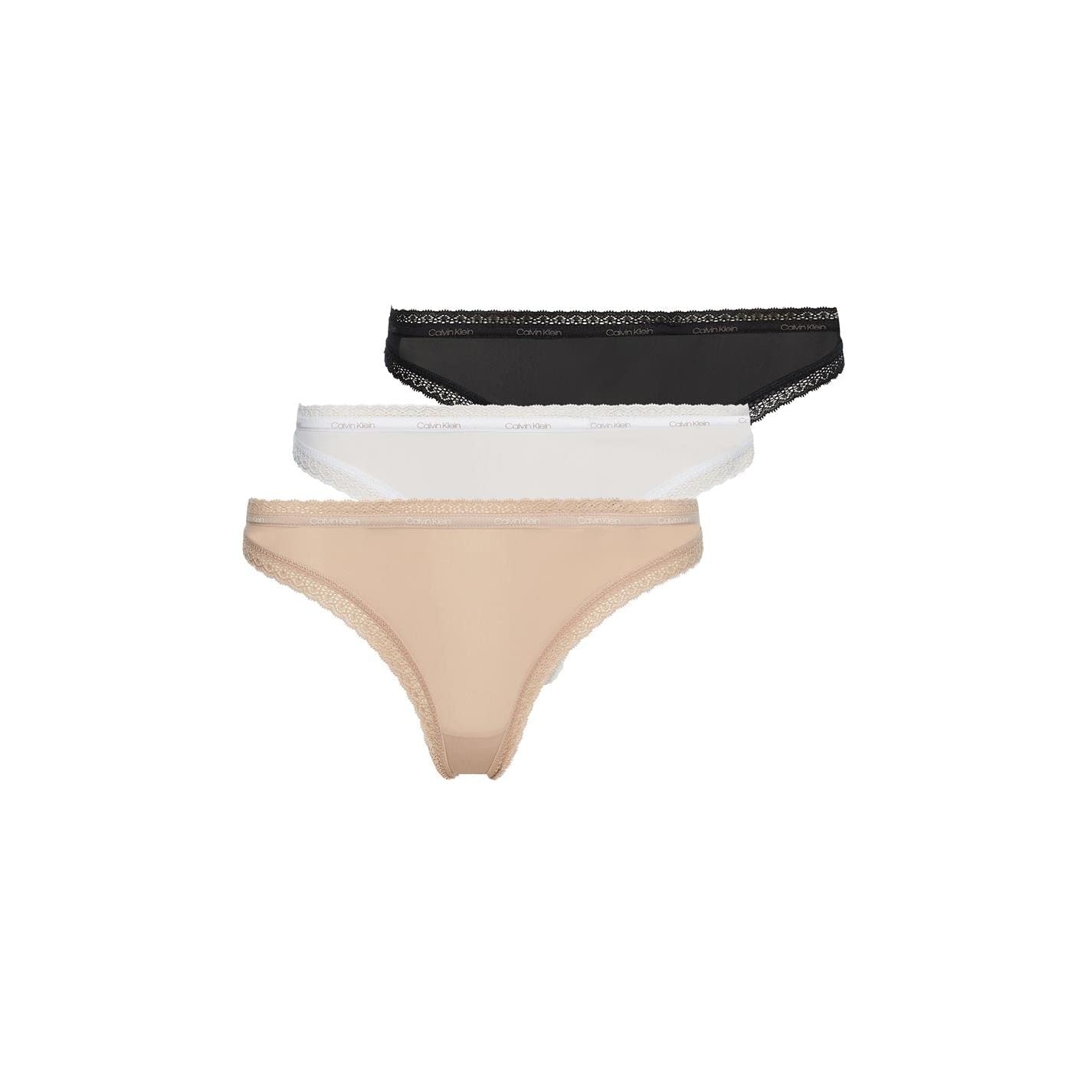 Calvin Klein Women Thongs Stretch Pack of 3, Multicolour (Black/White/Honey Almond), XL