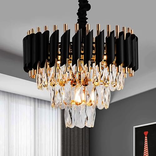 Image of DREAMY DESIGNS Chandelier Lights for Ceiling Black Gold 400 MM 3-Tier Crystal Chandeliers for Living Room with 3 Mode LED Light Plate for Hall Modern Jhumar Designer Bedroom and Dining Room