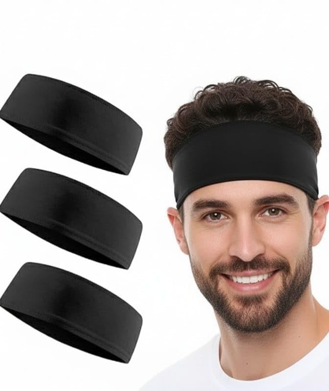 SYMKARD-Cotton Strapless Headband for Men & Women, Moisture Wicking Cotton, Black, 3 Pack for Running Yoga Gym Workout, Unisex