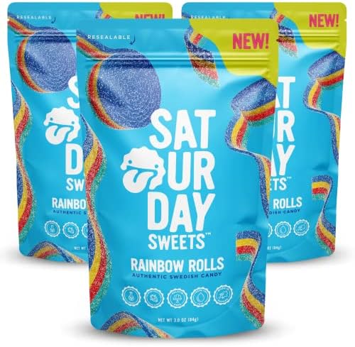 Saturday Sweets Rainbow Rolls | Authentic Swedish Candy | Low Calorie & Non-GMO, Gelatin Free, No High Fructose Corn Syrup | Resealable, Made in Europe, Swedish Style | Better-For-You, Healthy Snacks for Adults & Kids (3 Pack)