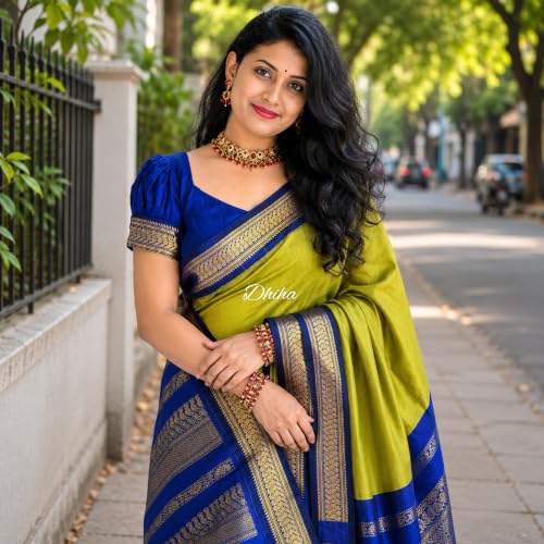 Image of DHIHA Gadwal Cotton Saree for Women | Pure Kalyani Cotton Saree with Zari Border Tassels & Blouse | Kanjivaram Linen Silk | Handloom Weave
