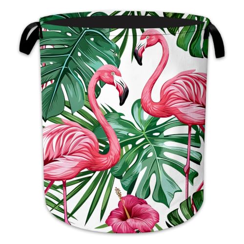 Image of Tropical Flamingo Laundry Basket, Palm Leaves Collapsible Laundry Hamper Waterproof Oxford Cloth With Handles, Clothes Storage Bucket For Bathroom /Bedroom 16 inch x 20.8 inch