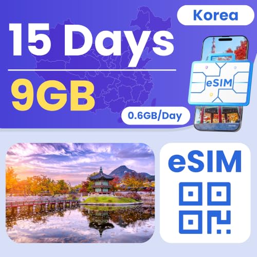 Image of eSIM Cards for International Travel Prepaid Data, Compatible with Unlocked Smartphones, 4G LTE 5G, Hotspot Supported, Instant Activation in 10 Minutes (Korea 9GB / 15 Days)