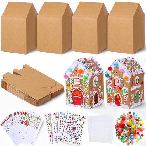 Dianelhall 24 Sets Christmas Gingerbread House Cardboard DIY Gingerbread House Craft Kits with Pom Poms Stickers for Christmas Holiday Party Favors Supplies Decorations Xmas Home Game Activities