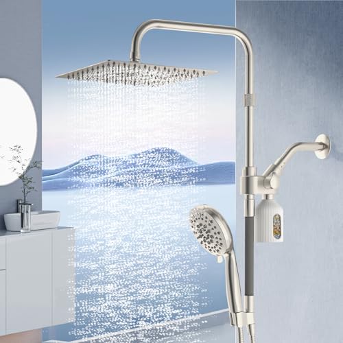 Image of 10 inch Filtered Rain Shower Head with Handheld Spray Combo, High Pressure Shower Head and Handle Set with Filter, Dual Shower Head with Extra Long Hose and Adjustable Arm (Brushed Nickel)