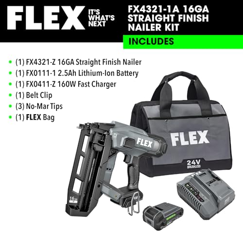 Image of FLEX 24V Brushless Cordless 16 Gauge Straight Finish Nailer Kit, Zero Ramp-up, Heavy Duty Decorative Trim, Drives 3 /4 inch to 2-1 /2 inch, Lightweight w / 2.5Ah Battery & 160W Fast Charger - FX4321-1A